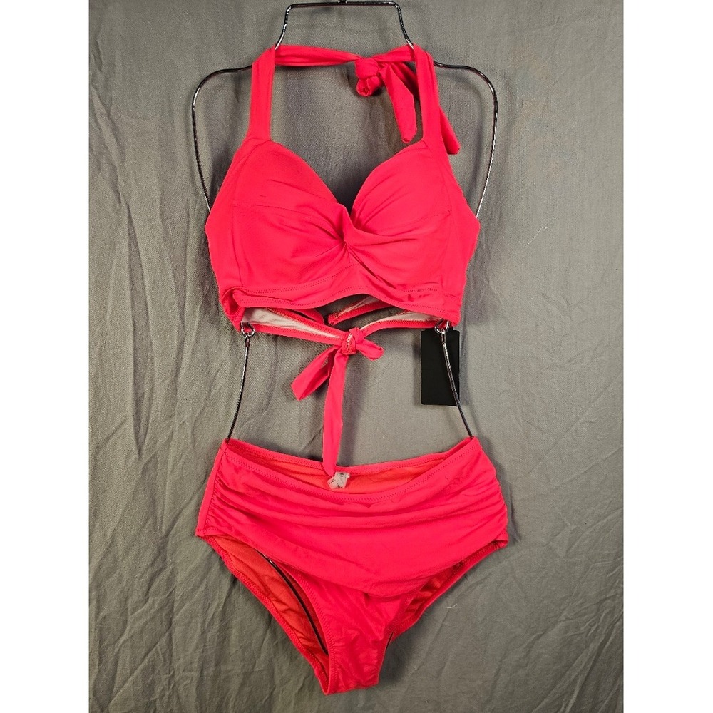 Tempt Me Womens Hot Pink High Waisted Bikini Set Twist Front Halter Size M NEW